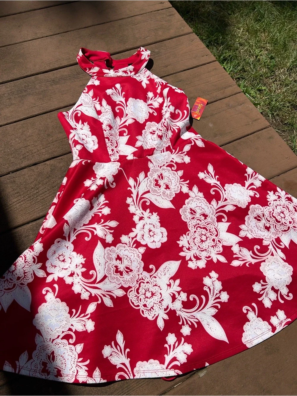 Juniors Red Floral Fit & Flare Dress